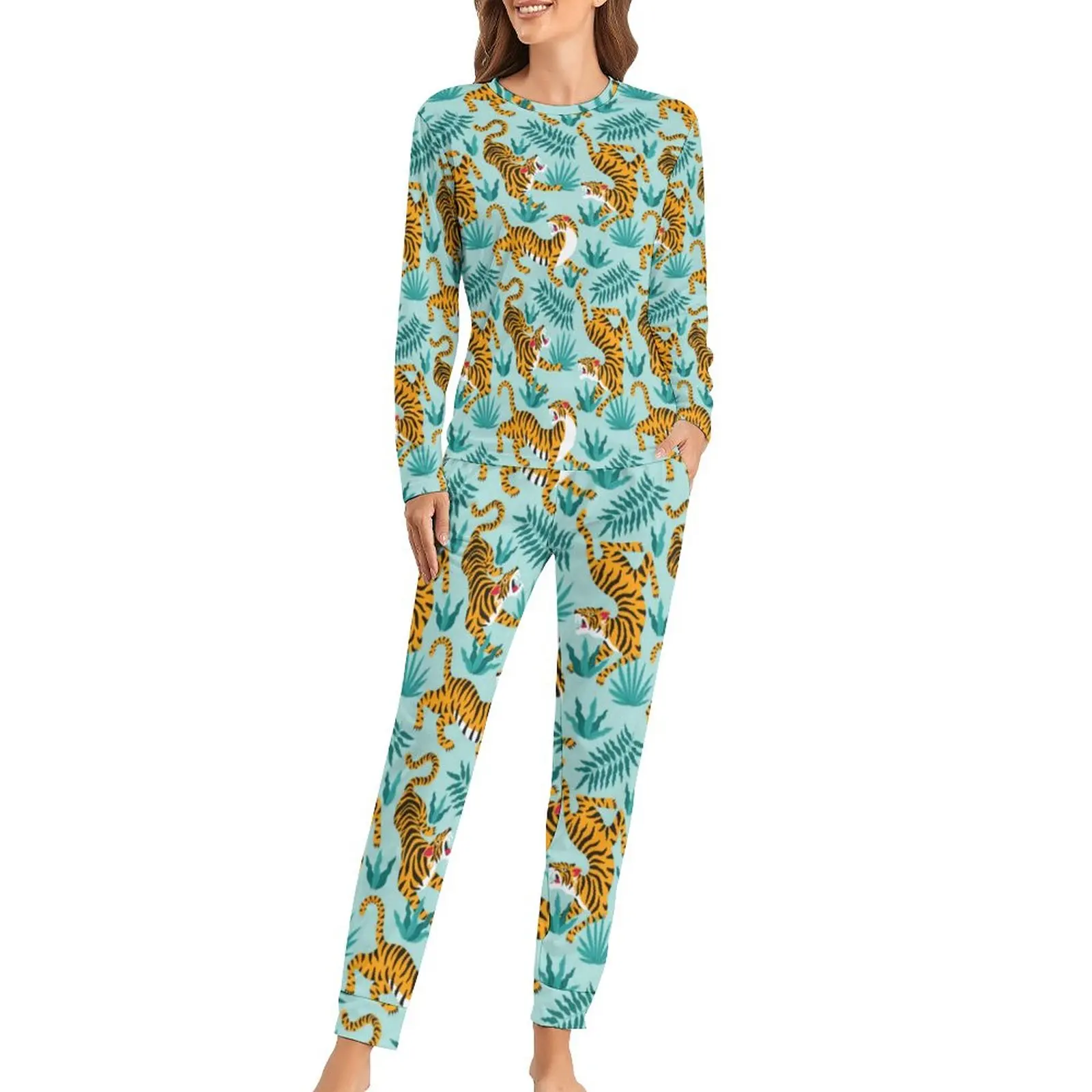 

Green Tiger Tattoo Art Pajamas Animal Print Trendy Pajama Set Female 2 Pieces Casual Oversize Print Sleepwear Birthday Gift