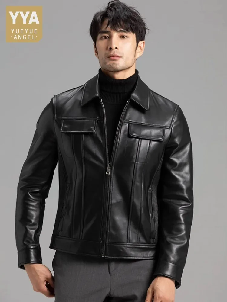 

Autumn Mens Slim Fit Short Real Lambskin Business Work Coat Lapel Collar Luxury Genuine Leather Jacket Motorcycle Biker Outwear