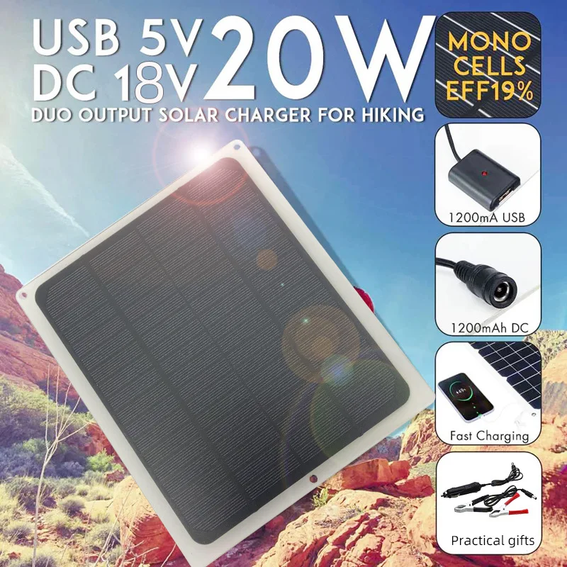 

5V Solar Panel USB Output 20W Portable Solar Charger Suitable For Outdoor Solar Power Generation Mobile Phone Charging Bank