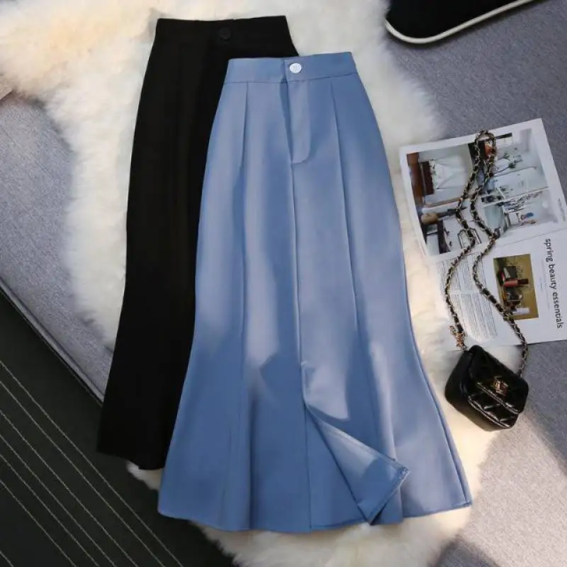 Black Midi Skirt Women High Waist Solid Color Elegant Casual Street Office Ladies Skirts Split Summer OL Mermaid Skirt