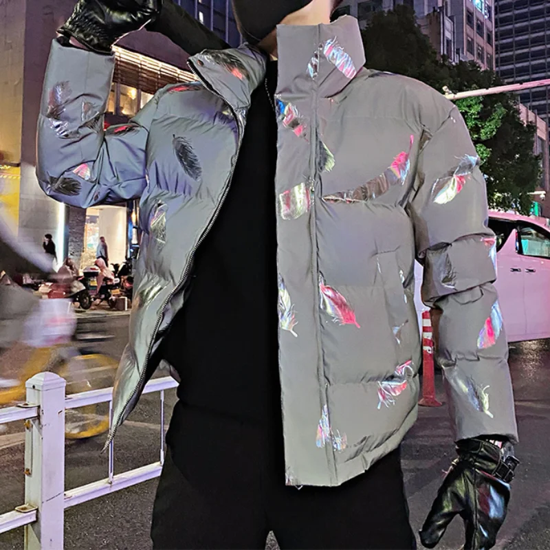 2022 Winter Reflective Print Men Puffer Parkas Thickened Warm Jackets Hiphop Overcoat Casual Social Windproof Coat Men Clothing