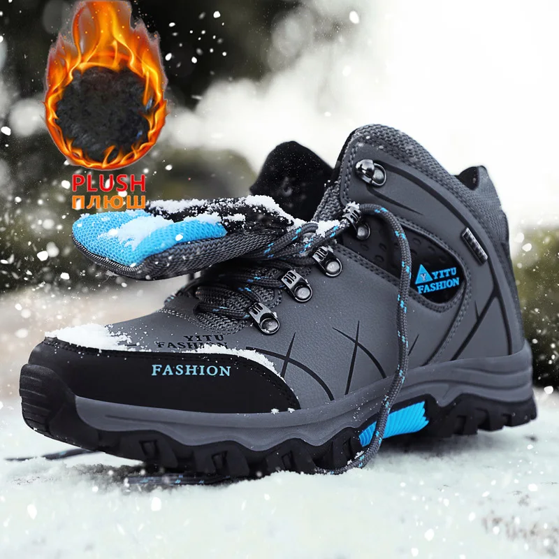 

Men Winter Snow Boots Waterproof Leather Lace-Up Sneakers 2022 Super Warm Men Fleeces Boots Outdoor Male Plush Hiking Work Shoes