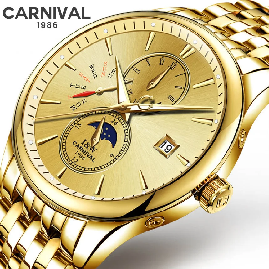 

CARNIVAL Top Luxury Brand Waterproof Automatic Mechanical Watch Steel Strap Moon Phase Calendar Men's Watches New Reloj Hombre