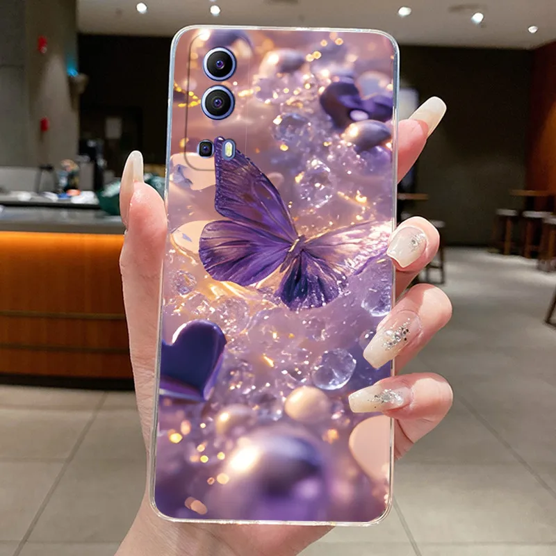 Фото Чехол для Vivo Y52 5G V2053, задняя крышка для Vivo Y72 5G V2041, эстетичный модный чехол с бабочками и цветами, прозрачный силиконовый мягкий чехол из ТПУ для телефона №5