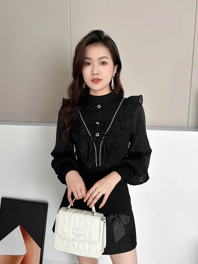 2024 зимняя уличная модная утягивающая толстовка с бантом и длинными рукавами