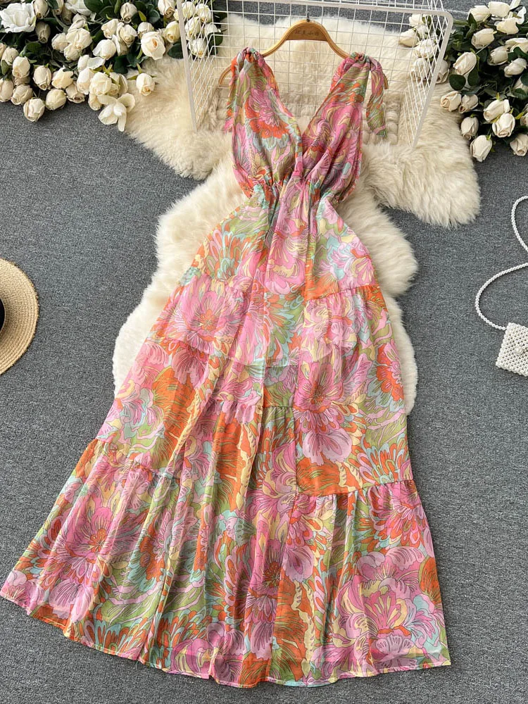 

Summer Dress European American Tiered Holiday Dress Gentle Long New Fairy V-neck Light Waist A-line Vestidos Women D1261