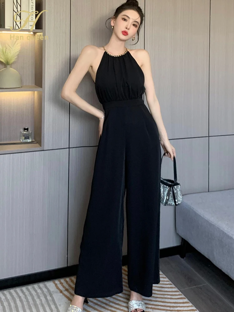

H Han Queen 2022 New Summer Wide Leg Jumpsuits Women Casual Retro Rompers Korean Elegant Fashion Black Wear Work Siamese Pants