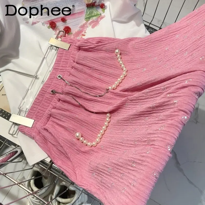 Hot Drilling Pearl Pendant Anti-Wrinkle Drooping Slimming Thin Summer Trousers Sweet Pink Fashion Mop Pants Casual Pants Women