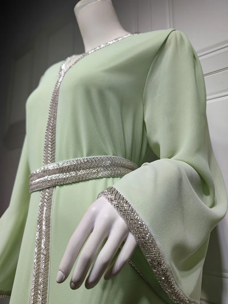Chiffon Abaya Moroccan Kaftan Women Silver Beaded Trimmings Muslim Long Dress Gulf Jalabiya Arabic Evening Dresses Dubai Abayas