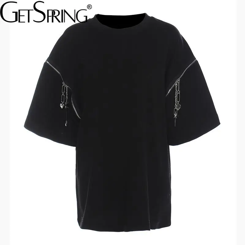 

GetSpring Women T Shirt Zipper Chain Short Sleeve Cotton Tshirt Solid Loose Leisure All Match Tee Shirt Female Top Summer 2022