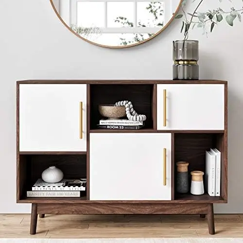 

Multipurpose Storage Cabinet with Display Shelves and Doors, Entryway Modern Buffet or Kitchen Sideboard with Glam Gold Brass Ac