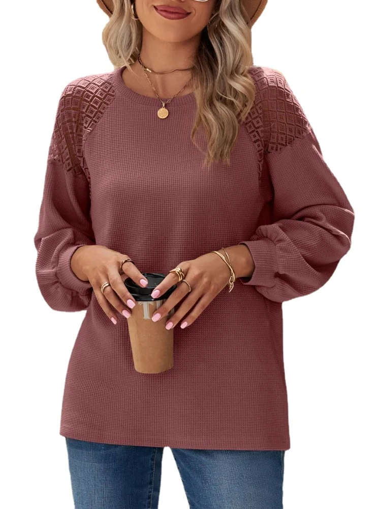 

Womens Lace Long Sleeve Solid Pullover T-shirt Tops