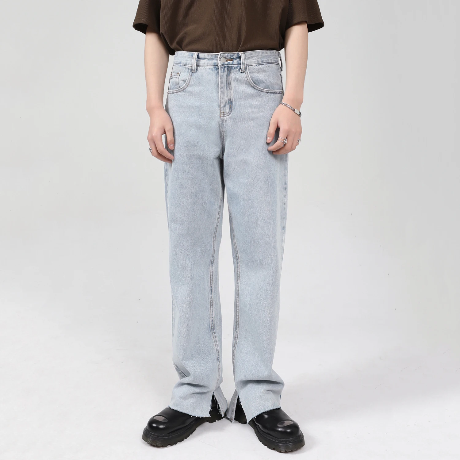 Four seasons men's Korean version split raw edge pocket stitching jeans men's wide leg pants fashion streetwear ins hot sale