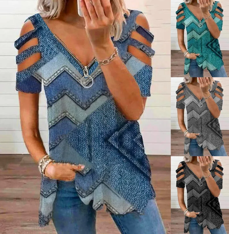 

Women Tshirts 2022 Summer New Wave Geometric Printed Short Sleeve Zipper V-neck Top Female Fashion Casual Oversized T Shirt