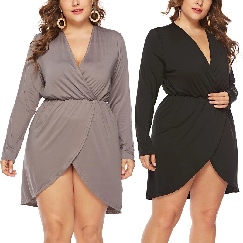 

Q1QA женское платье большого размера с длинным рукавом и глубоким V-образным вырезом