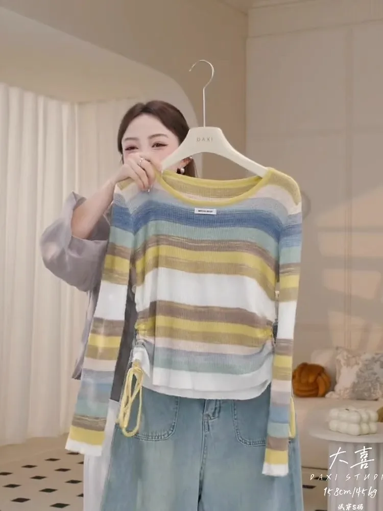 Spring and Autumn Winter Striped Knitted Bottoming Shirt Long sleeve Women's Clothes 2024 New Popular Top Graceful Sweater