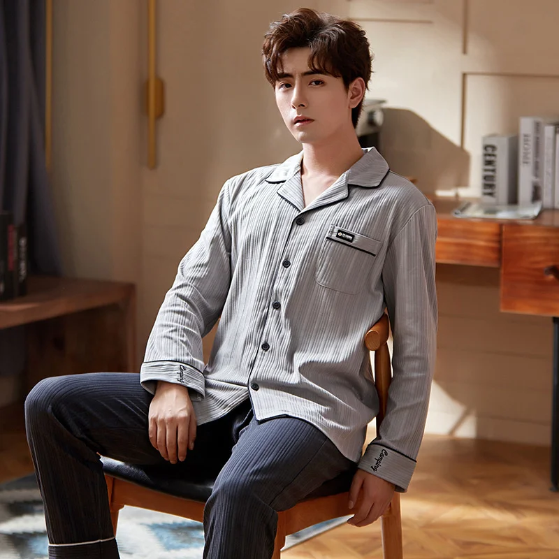 Pajamas Men's Autumn  Winter New Pure Color Leisure Knitting Cotton  Lapel Cardigan Home Suit Can Be Worn Out