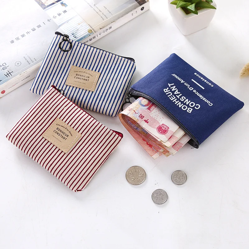 

Cute Wallet Women Fabric Key Coin Purse Cartoon Square Mini Coin Pouch Letter Striped Print Zipper Canvas Bags for Girls
