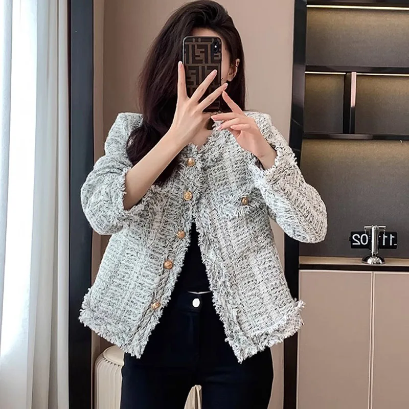

Vintage Autumn Tassel Tweed Jacket For Women Korean Fashion Round Neck Long Sleeve Elegant Casual Single Breasted Outwear