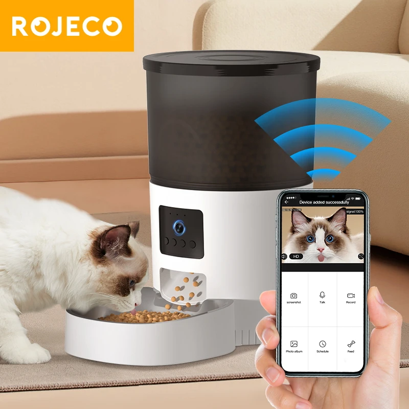 ROJECO-자동 고양이 피더, 카메라 비디오 포함, 고양이 먹이 디스펜서, 애완 동물 스마트 음성 녹음기, 원격 제어 자동 피더, 고양이, 개용