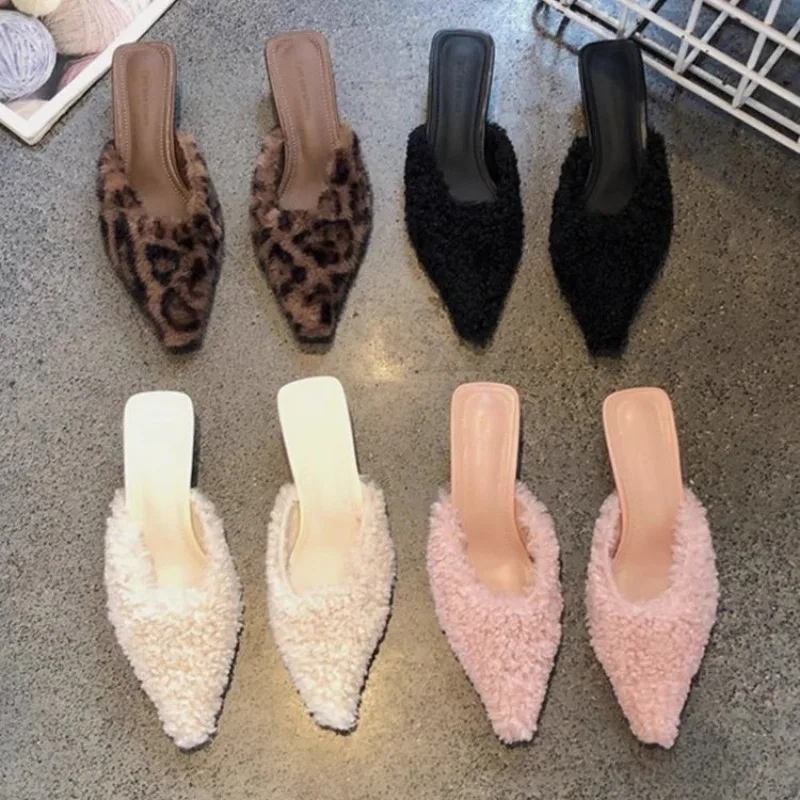 Фото Slippers Casual Shoes Woman Pink Slides Shallow Butterfly-Knot Med Cover Toe Fur Flip Flops Pantofle Luxury Plush New Butte №4