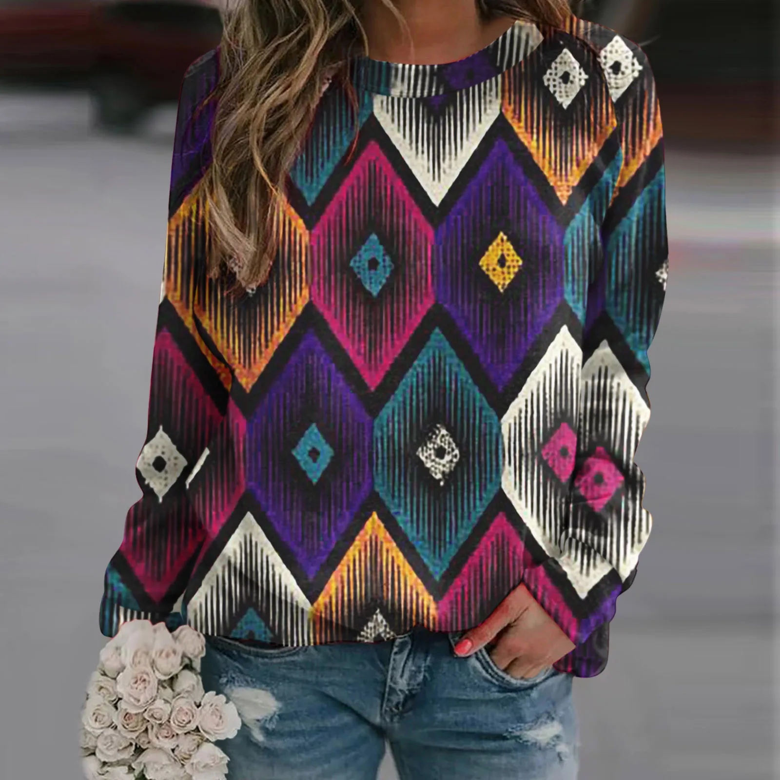 

Winter Long Sleeve Women Pullover Sweatshirt For Women Vintage Print Sweatshirt Long Blouse And Pants Set Ladies Full Zip Jacket