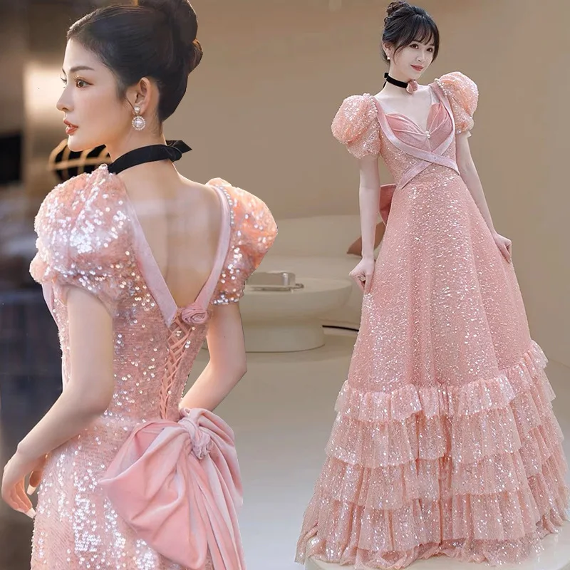 

Shiny Pink Luxury Celebrity Dresses Puff Sleeve Sequin Backless Slim Pearl Princess Bow Formal Party New Evening Prom Gowns 2023
