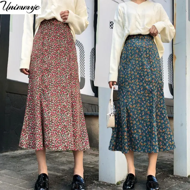 

Woman Skirts High Waist Floral Print Corduroy Women Autumn Winter Calf Length Midi Skirt Korean Fashion Faldas Jupe Femme X14