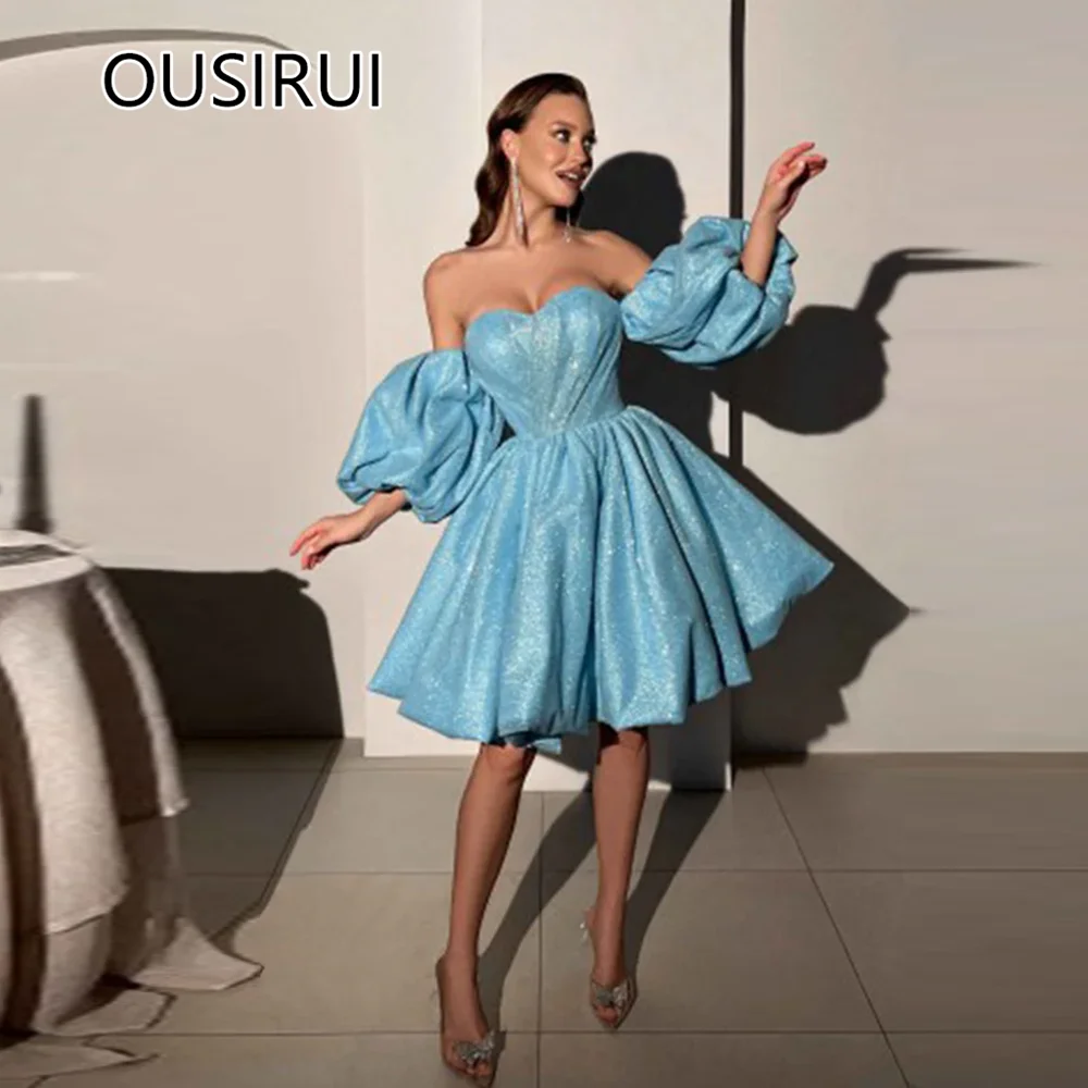 Фото OUSIRUI блестящее официальное платье с открытыми плечами и блестками, а-силуэт, Короткое мини-платье на шнуровке со съемным пышным рукавом, платье для выпускного вечера №1
