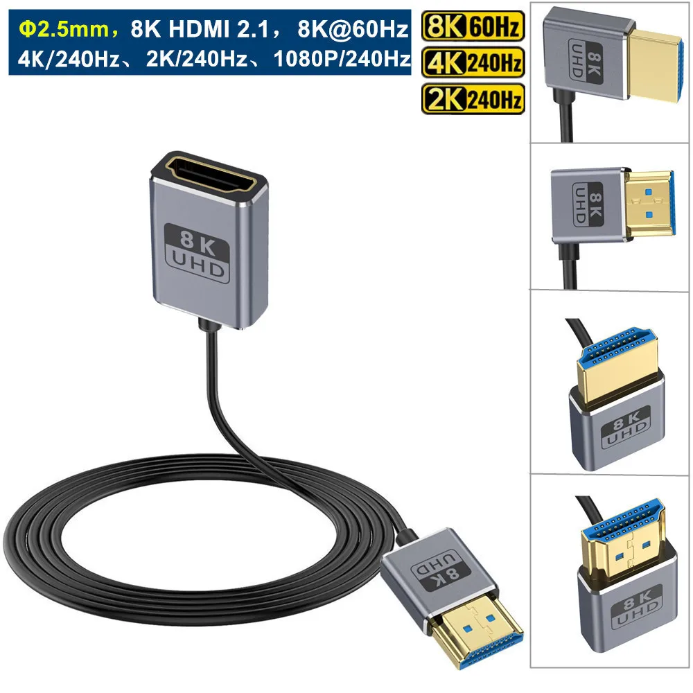 Фото Удлинительный кабель HDMI под прямым углом 8K, 1 фута, ультратонкий коаксиальный кабель HDMI M-F длиной 90 градусов (44 Гбит/с, 8K при 60 Гц, 4K при 240 Гц), поддержка динамических H №1