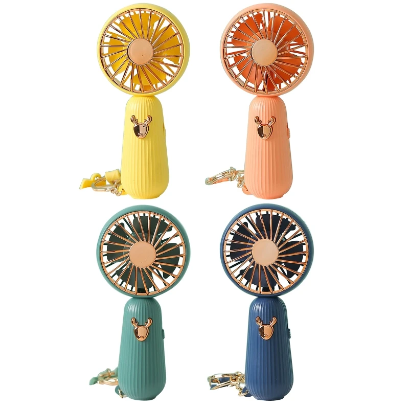 

D0AB Small Fan Charging Rope Key Chain Portable Cute Cartoon Elk Style Fan