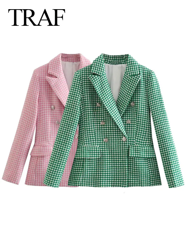 

Женский двубортный блейзер в клетку, с двойным рядом пуговиц