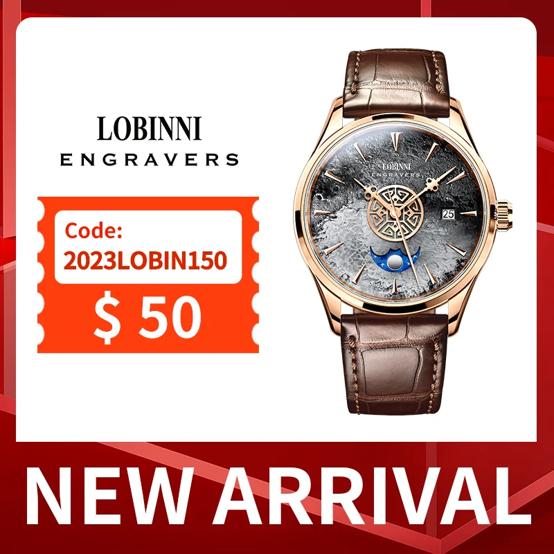 Часы LOBINNI Мужские механические с метеоритным циферблатом водонепроницаемые