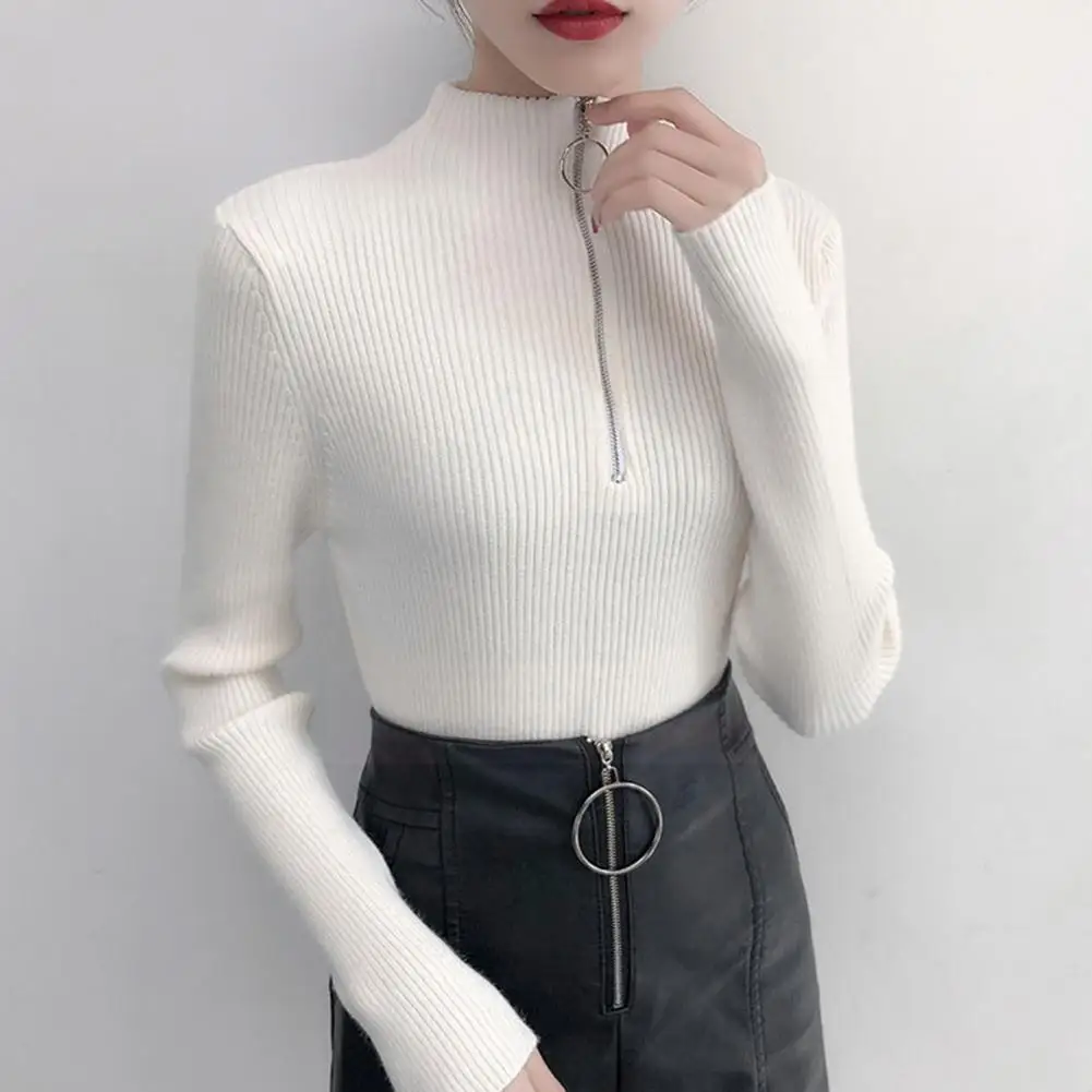 

2021 Knitted Women Zipper High Neck Sweater Pullovers Autumn Winter Women Basic Sweaters Slim Turtleneck Black Pull Femme F S4o7