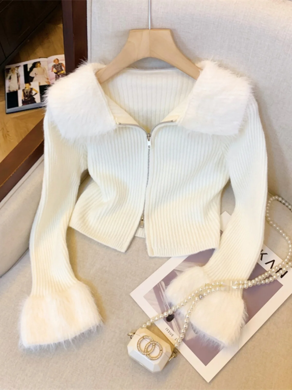 Французская пушистая лоскутная вязка с двойной молнией женская осенне-зимняя