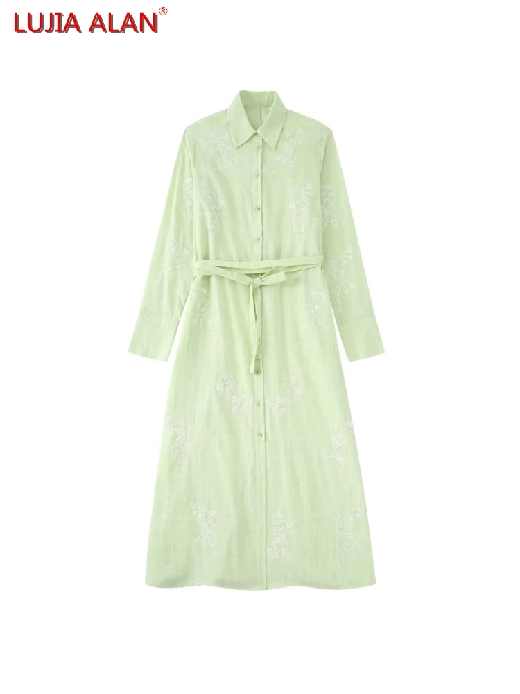 

Women Flower Embroidery Belt Midi Shirt Dress Autumn Female Long Sleeve Streetwear Vestidos LUJIA ALAN WD662