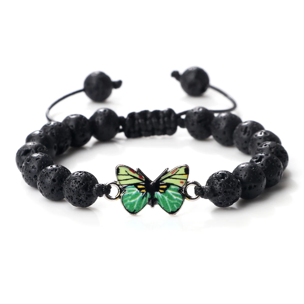 

Men Natural Stone Bracelets Black Lava Tiger Eye Stone Bangles Charm Green Butterfly Pendant Bracelet Women Jewelry Gift Pulsera