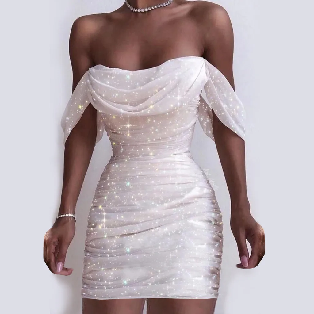 

Модное платье миди с открытыми плечами, женское сексуальное облегающее платье, весеннее женское белое блестящее Клубное платье-бандо с блестками
