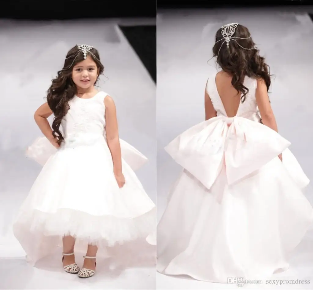 

Lovely Open Back Big Bow Girl Pageant Gowns White High Low Flower Girl Dresses For Wedding Jewel Sleeveless Children Communion