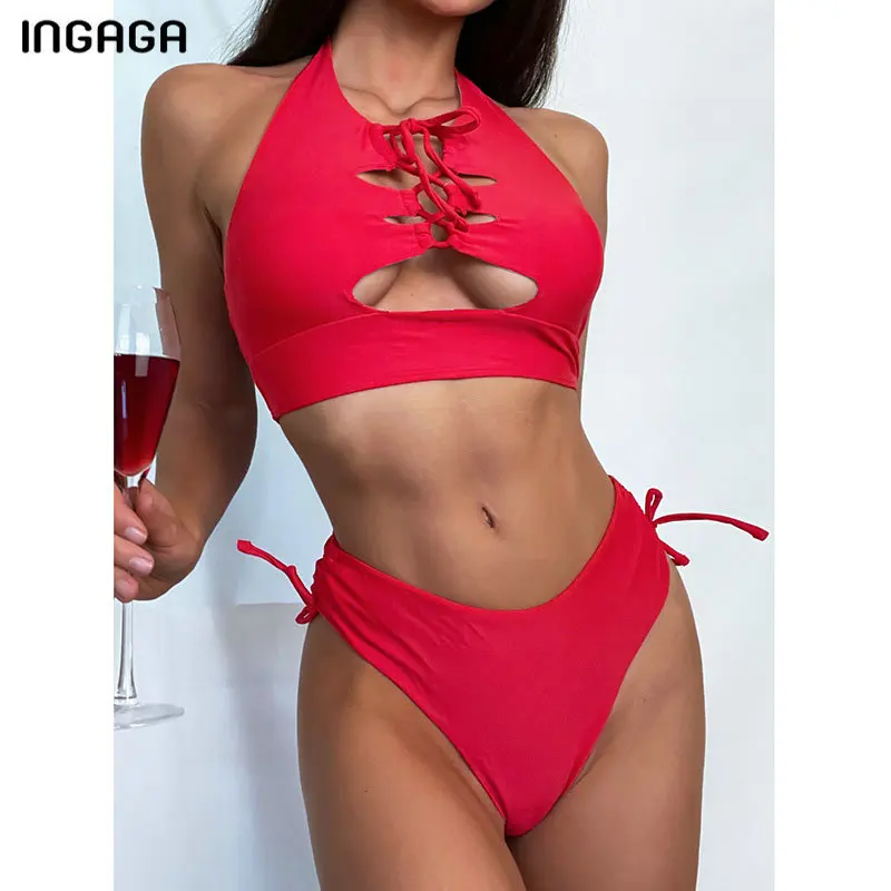 

INGAGA High Waist Bikini Red Swimsuits Cut Out Women's Swimwear 2021 Tie Waist Bathing Suit Halter Biquini Push Up Beachwear