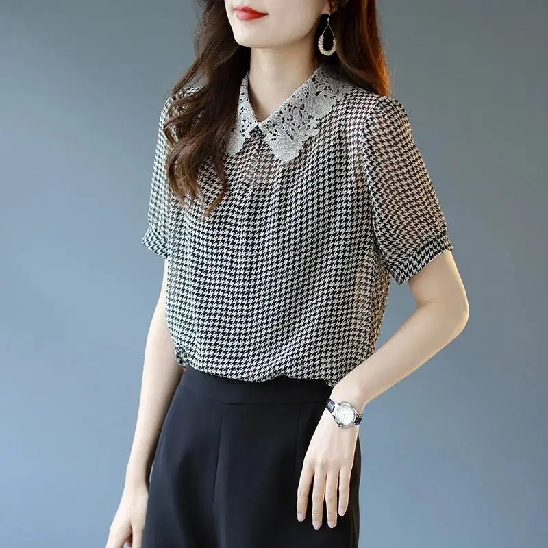 Elegant Lace Lapel Printed Houndstooth Oversized Chiffon Shirt Female Clothing 2023 Summer New Casual Tops Loose Commute Blouse