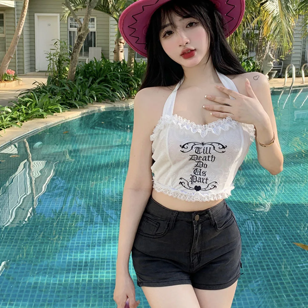 Text Embroidery Lace Sweet Camisole Women's Summer French Sexy Halter Neck Tanks Gothic Style Short Girls Crop Top Y2k Clothes