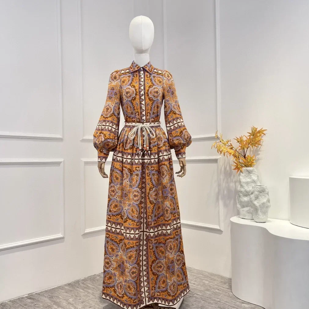 

2023 New Sping Summer High Quality Vintage Regular Floral Printing Long Sleeve Blouse and Long Skirt Woman Casual Set