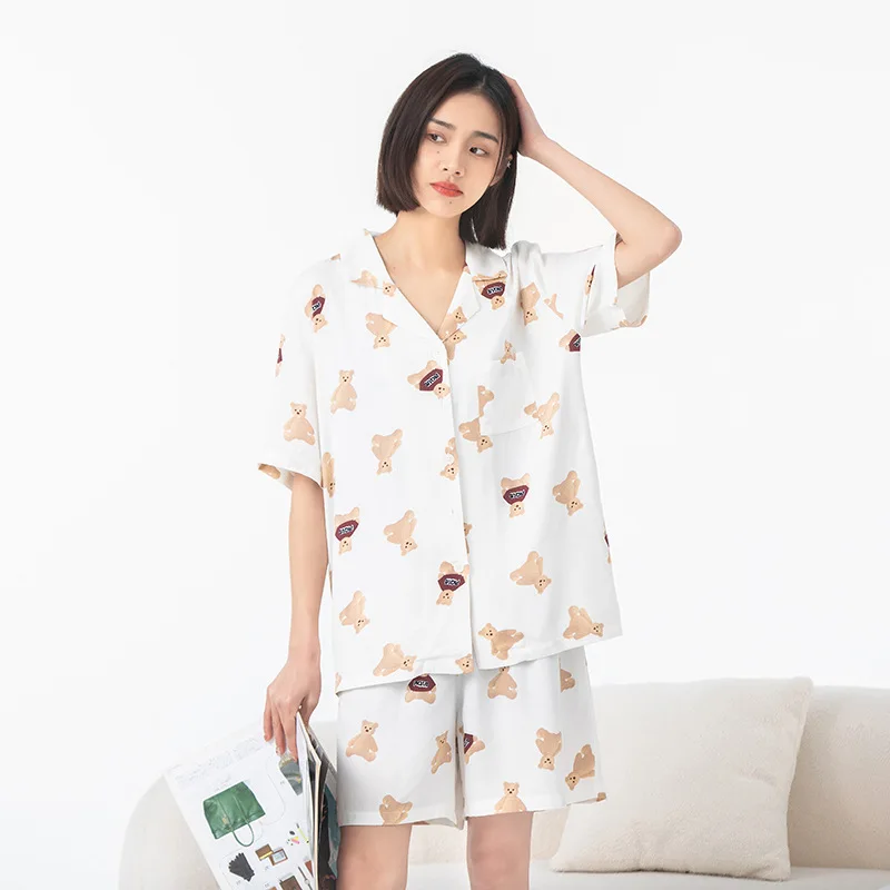 Spring Summer Women Home Wear Sets Short-sleeved Two-piece Sleepwear Cute Bear Print Pajama Breathable Casual Pajamas Suits