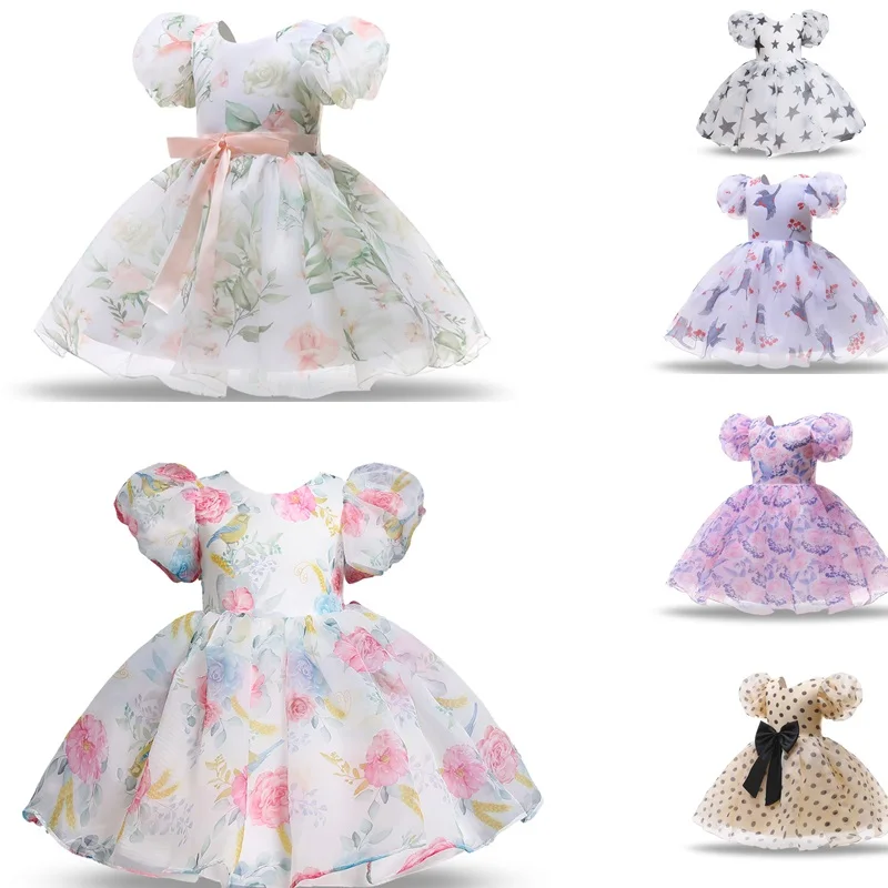 

Girl Party Dress Children Flower Printing Princess Costume Formal Evening Ball Gown Kids Girl Birthday Wedding Pron Dress 3-8Yrs