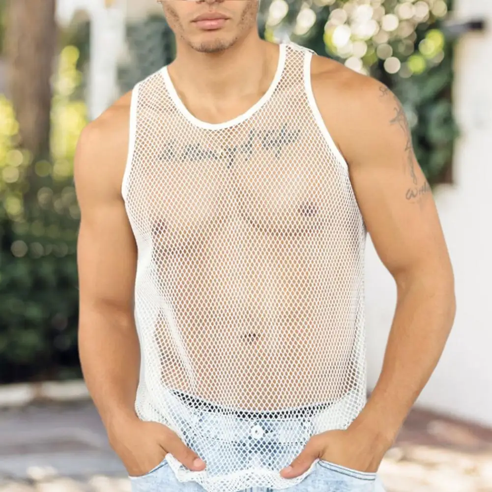 

Polyester Trendy O Neck Sexy Men Top Fishnet Men Top Sleeveless for Outdoor