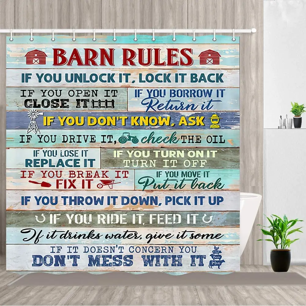 Barn Rules Shower Curtain Barn House and Inspirational Motivational Quotes Farmhouse Wooden Fabric Bathroom Decor Bath Curtain