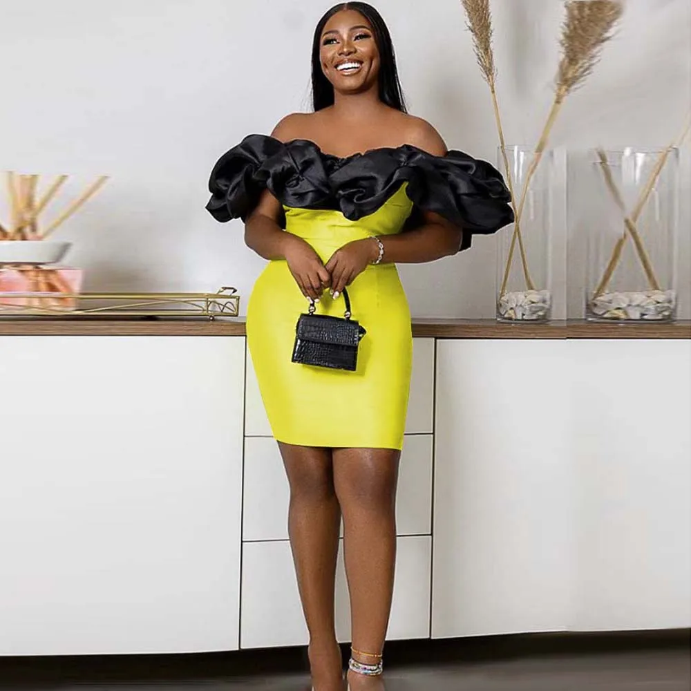 

Sexy Off Shouler Slash Neck Sleeveless Patchwork Black Yellow Mini Dress Evening Party Dress Women Ruffles Slim Bodycon Dress