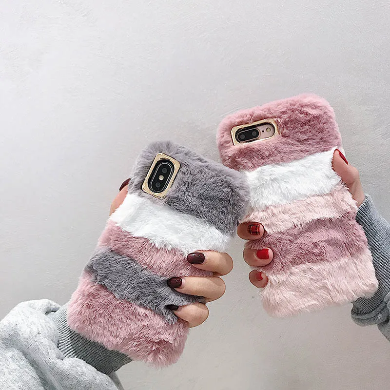 Fluffy Plush Furry Fur Pink Luxury Phone Case For Samsung Galaxy S 21 S21 Ultra S20 FE Note20 10 S10 S8 S9 S7 A51 A71 A21S Cover