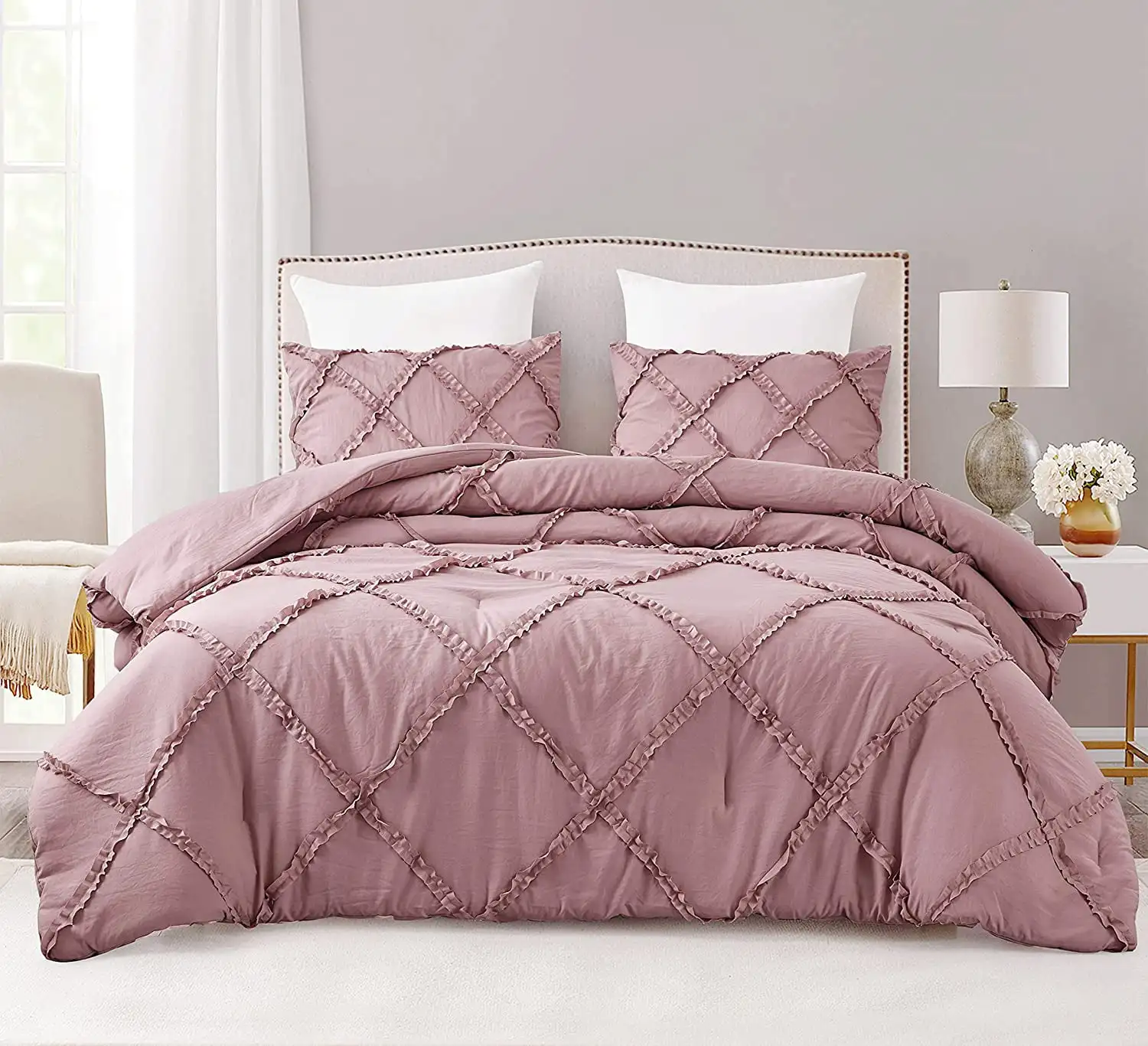 

Vivian 3-Piece Diamond Ruffle Trim Washed Microfiber Comforter Set